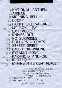 Radiohead Setlist, Oxford, July 2001