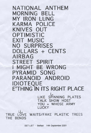 Radiohead's setlist from their Belfast concert (September 2001)
